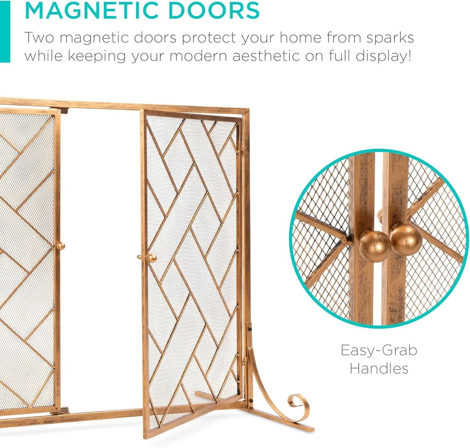 Best Choice Products 44x33in 2-Panel Handcrafted Wrought Iron Decorative Mesh Geometric Fireplace Screen, Fire Spark Guard w/Magnetic Doors - Gold