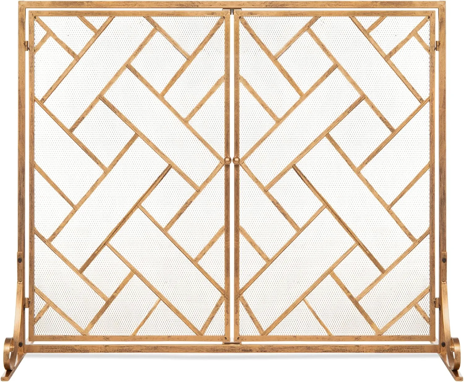 Best Choice Products 44x33in 2-Panel Handcrafted Wrought Iron Decorative Mesh Geometric Fireplace Screen, Fire Spark Guard w/Magnetic Doors - Gold