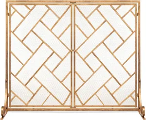 Best Choice Products 44x33in 2-Panel Handcrafted Wrought Iron Decorative Mesh Geometric Fireplace Screen, Fire Spark Guard w/Magnetic Doors - Gold