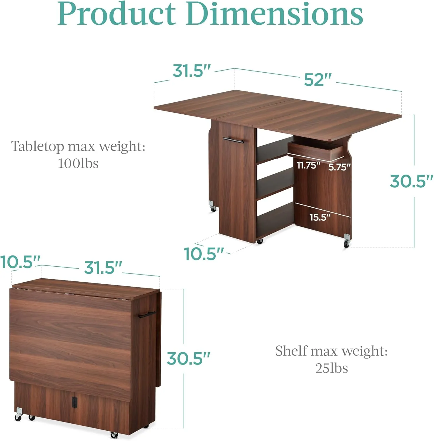 Best Choice Products Folding Dining Table, Multipurpose Space Saving Collapsible Drop Leaf Extension Desk w/Wheels, 3 Storage Shelves - Brown