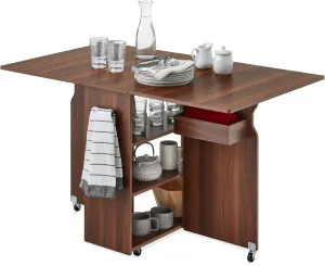Best Choice Products Folding Dining Table, Multipurpose Space Saving Collapsible Drop Leaf Extension Desk w/Wheels, 3 Storage Shelves - Brown