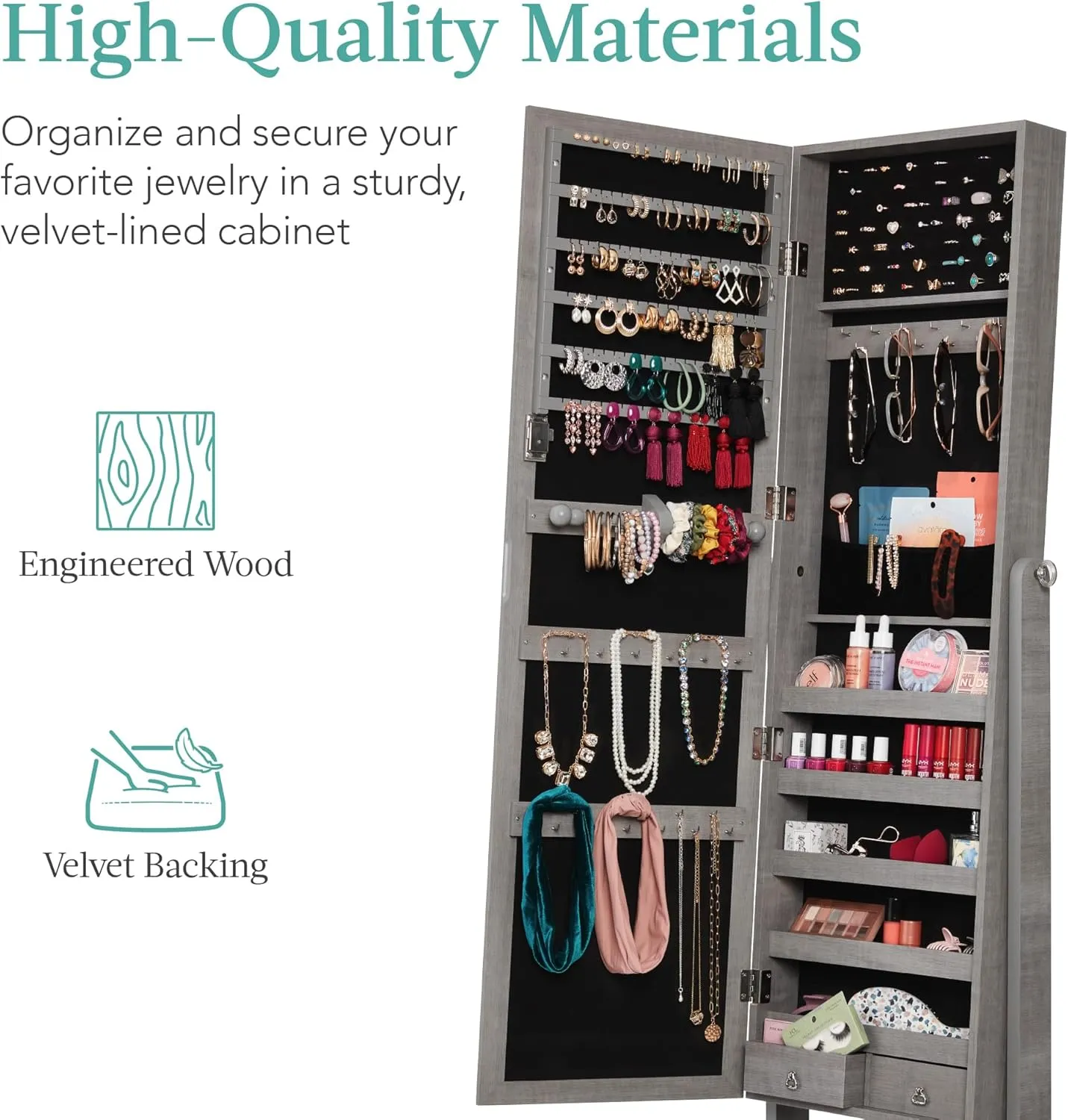 Best Choice Products Freestanding Jewelry Armoire Cabinet, Full Length Standing Mirror, Lockable Makeup Storage Organizer, w/Velvet Lining, 3 Angles, Lock, Accessory Pouch, 5 Shelves - Gray Oak