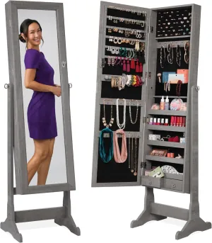 Best Choice Products Freestanding Jewelry Armoire Cabinet, Full Length Standing Mirror, Lockable Makeup Storage Organizer, w/Velvet Lining, 3 Angles, Lock, Accessory Pouch, 5 Shelves - Gray Oak