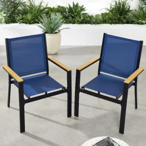 Best Choice Products Set of 2 Stackable Outdoor Textilene Chairs, All-Weather Conversation Dining Accent Furniture w/Armrests - Black/Navy