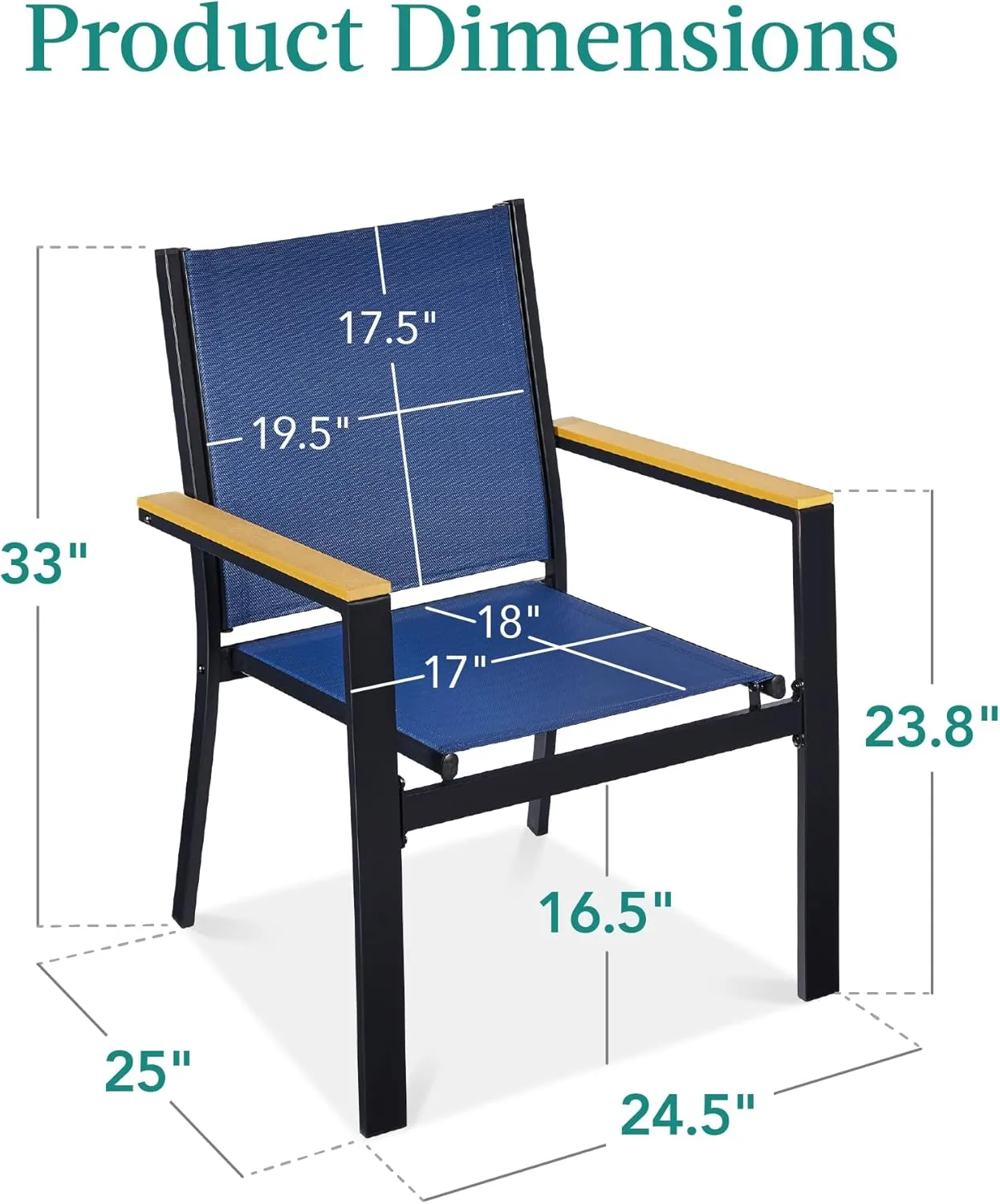 Best Choice Products Set of 2 Stackable Outdoor Textilene Chairs, All-Weather Conversation Dining Accent Furniture w/Armrests - Black/Navy