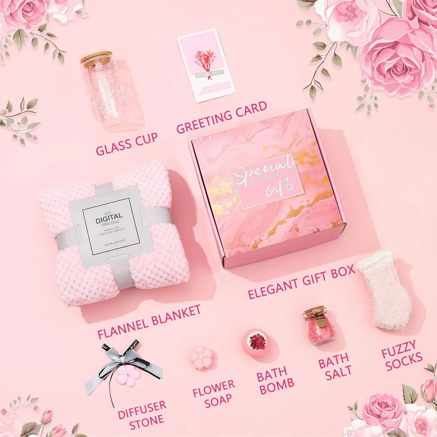 Birthday & Party Gifts for Women, Get Well Gifts Basket for Women, Self Care Relaxing Spa Gifts Basket, Anniversary Valentines Mothers Day Bath Gifts for Wife Mom Friends Sister Her (Rose)