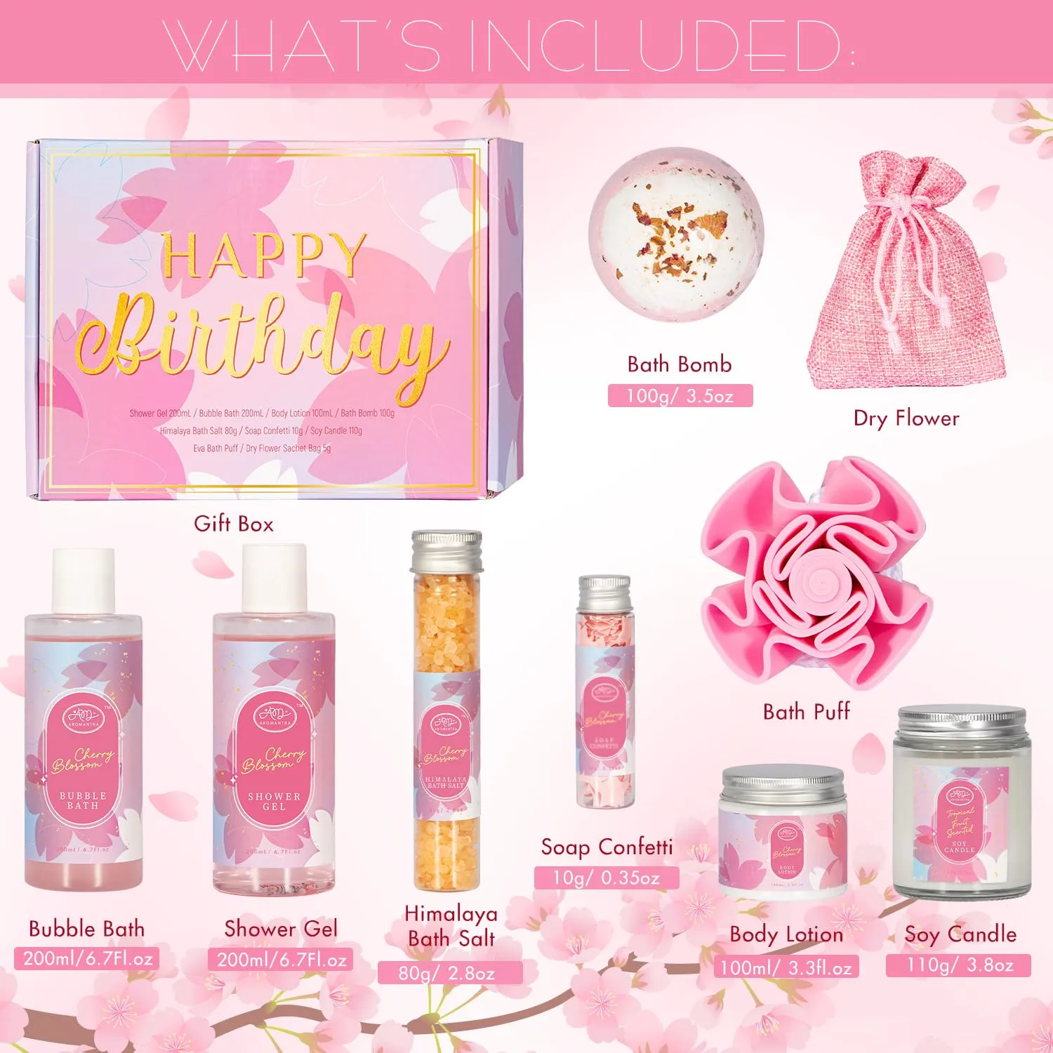 Birthday Gift for Women, Bath Sets for Women Gift, Bath and Body Gifts Set, Cherry Bloosom Spa Gift for Self Care, Thank You Relaxing Spa Basket for Mom, Grandma, Girlfriend, Sister, Friends
