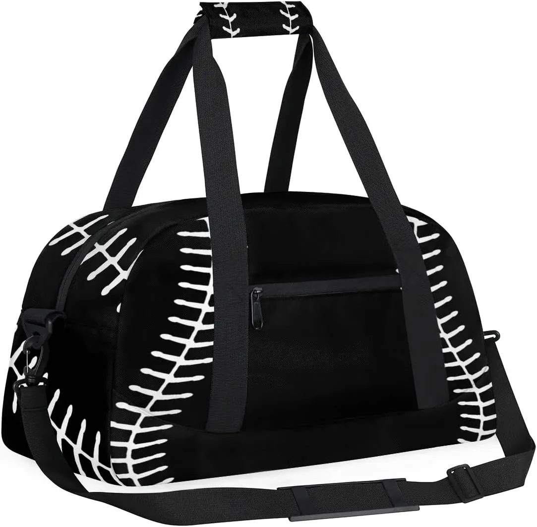Black Baseball Kids Overnighter Duffel Bags for Boys, Carry-On Size Sports Gym Bag with Front Zipper Pocket for School Practice or Overnight Travel Weekender Sleepover Tote Bag