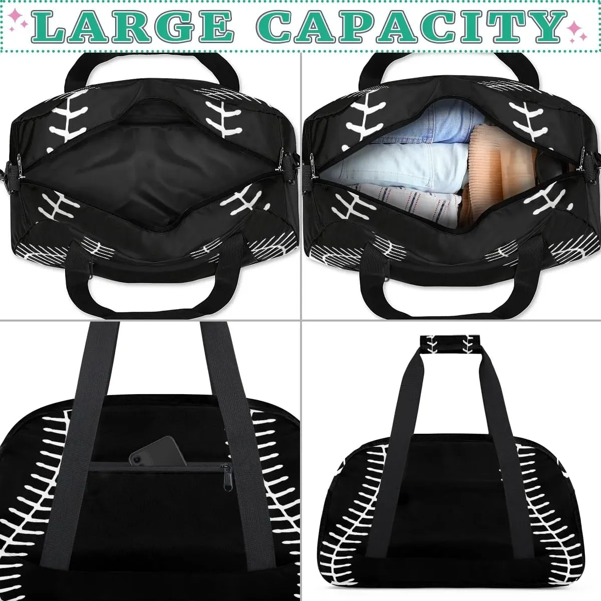Black Baseball Kids Overnighter Duffel Bags for Boys, Carry-On Size Sports Gym Bag with Front Zipper Pocket for School Practice or Overnight Travel Weekender Sleepover Tote Bag