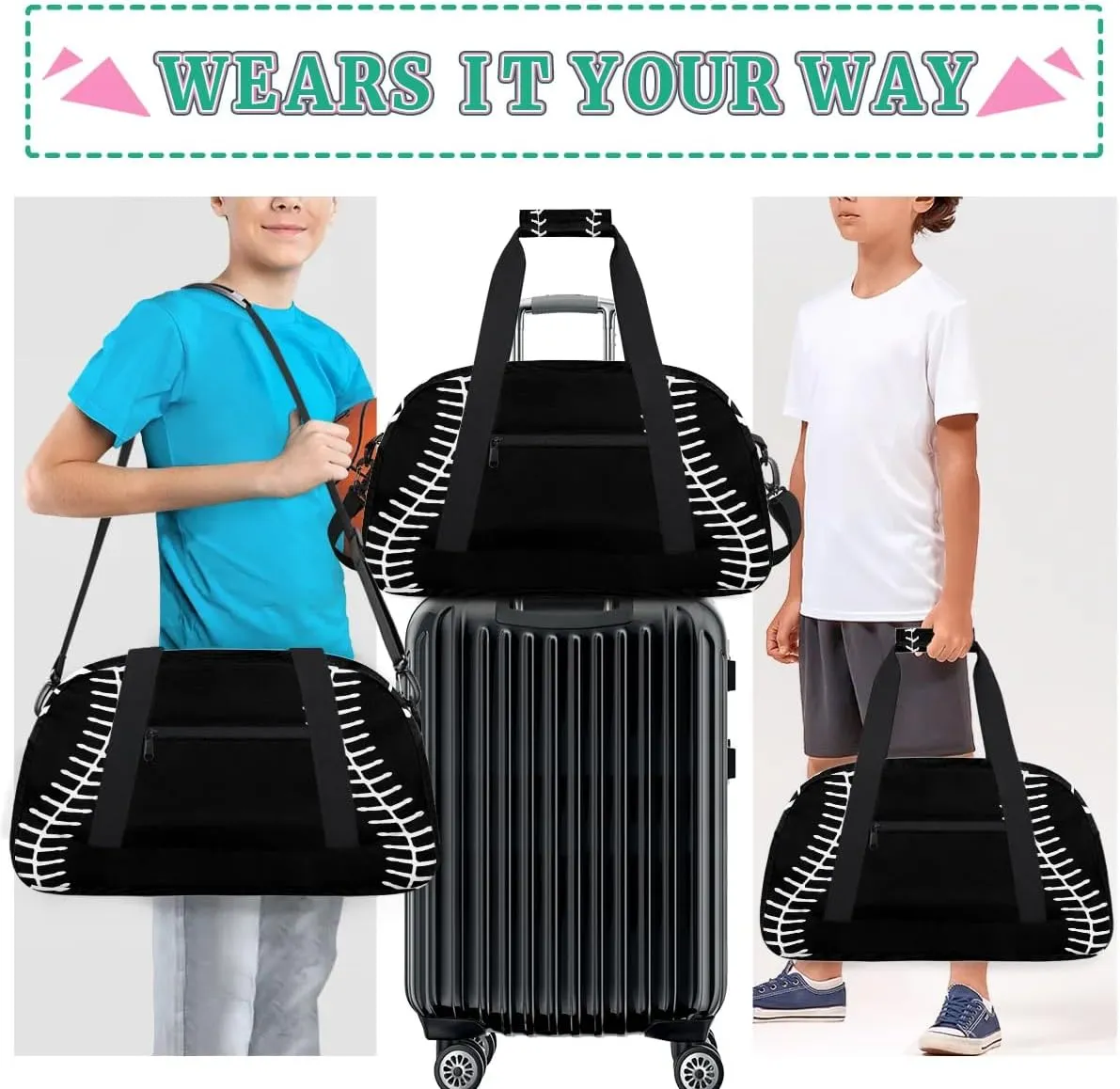 Black Baseball Kids Overnighter Duffel Bags for Boys, Carry-On Size Sports Gym Bag with Front Zipper Pocket for School Practice or Overnight Travel Weekender Sleepover Tote Bag
