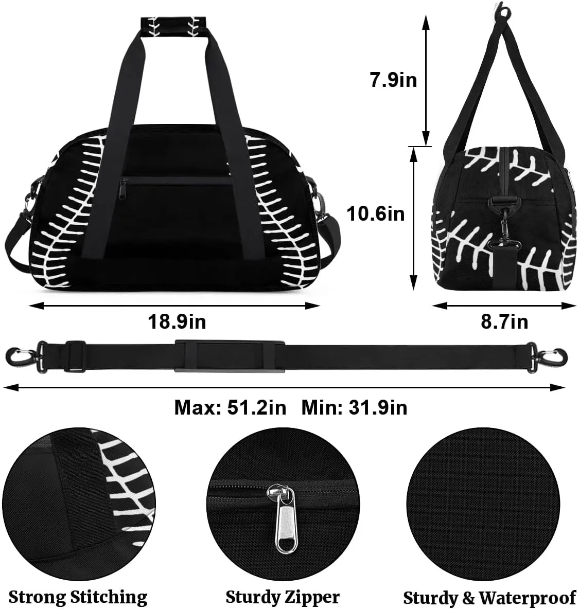 Black Baseball Kids Overnighter Duffel Bags for Boys, Carry-On Size Sports Gym Bag with Front Zipper Pocket for School Practice or Overnight Travel Weekender Sleepover Tote Bag