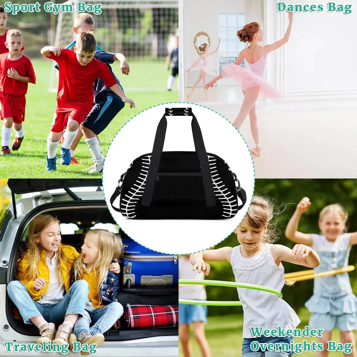 Black Baseball Kids Overnighter Duffel Bags for Boys, Carry-On Size Sports Gym Bag with Front Zipper Pocket for School Practice or Overnight Travel Weekender Sleepover Tote Bag