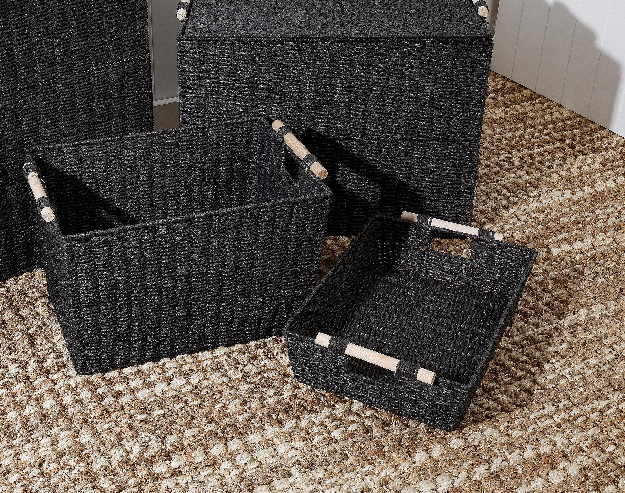 Black Storage Basket With Wooden Handles 46 x 33 x 11 cm