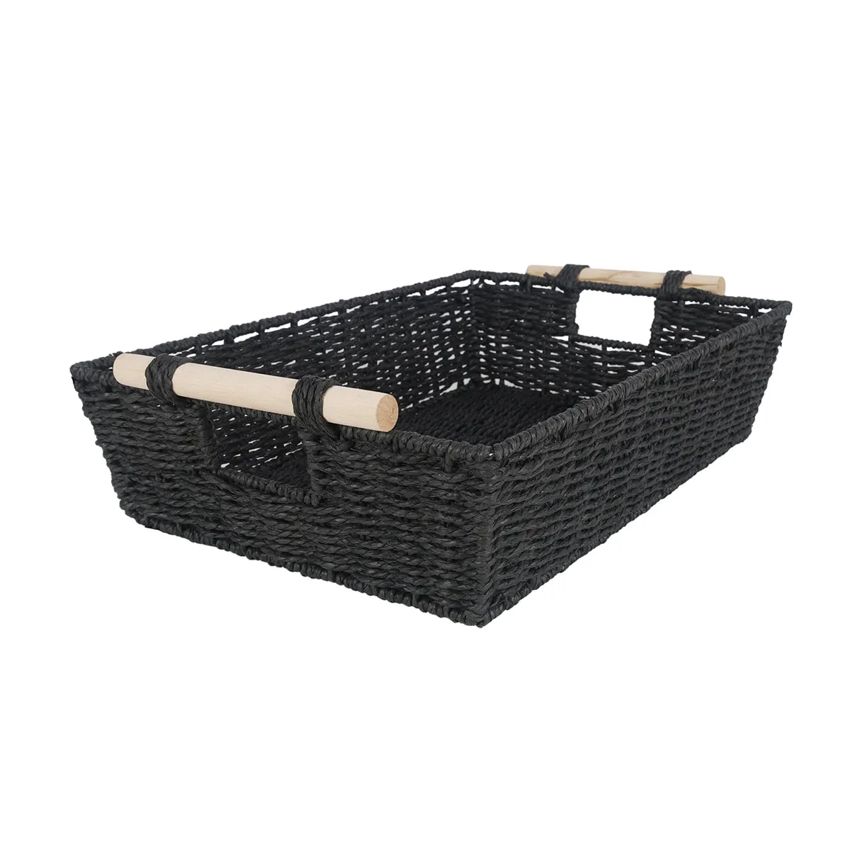Black Storage Basket With Wooden Handles 46 x 33 x 11 cm