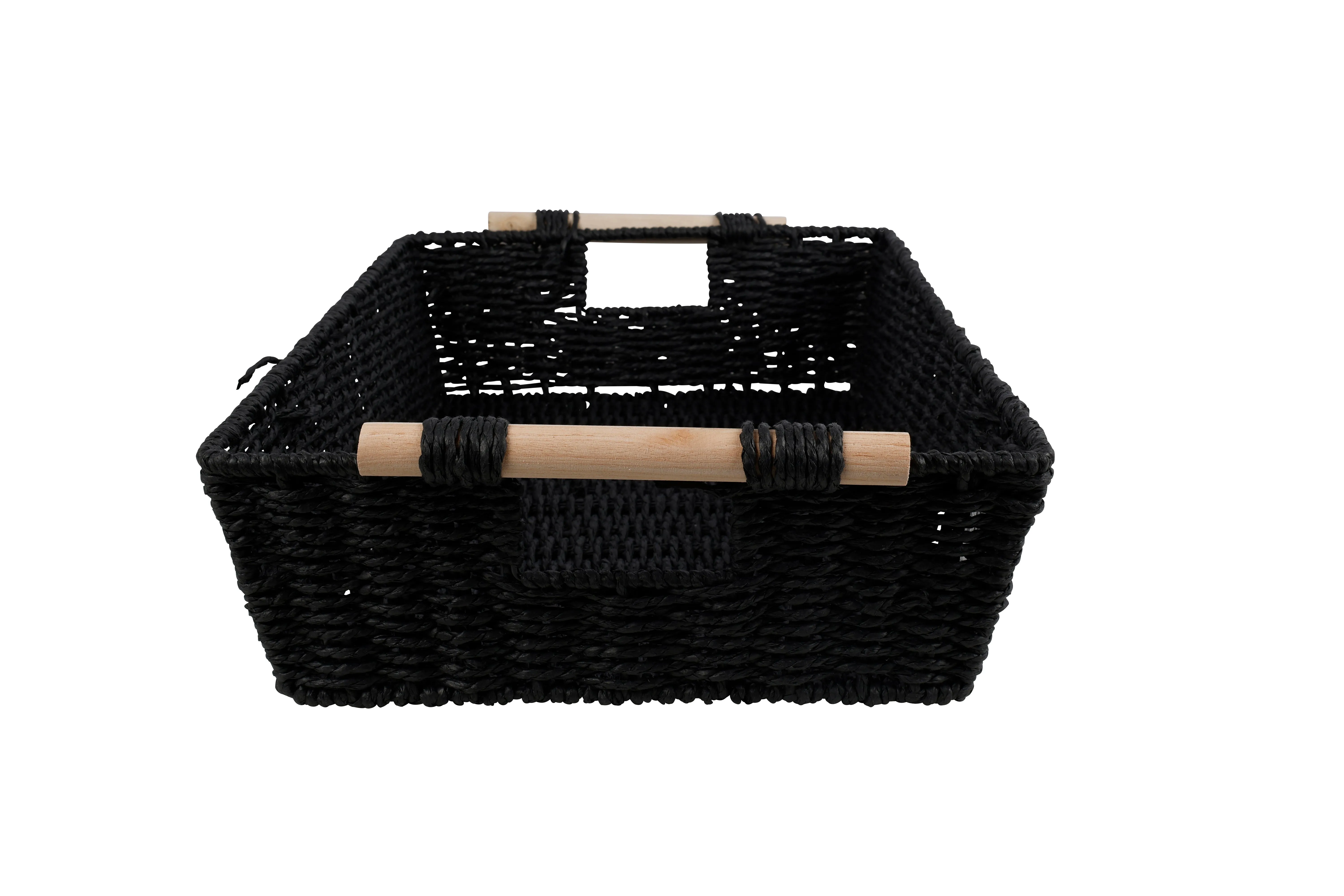 Black Storage Basket With Wooden Handles 46 x 33 x 11 cm