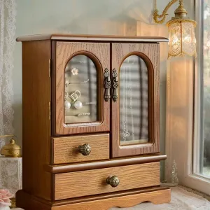Black Walnut Wooden Jewelry Box with Glass Lid, Brown Retro Jewelry Organizer for Women, Multi-storey Hidden Storage, Large Capacity Necklace Earrings Display Case(C Bronze)