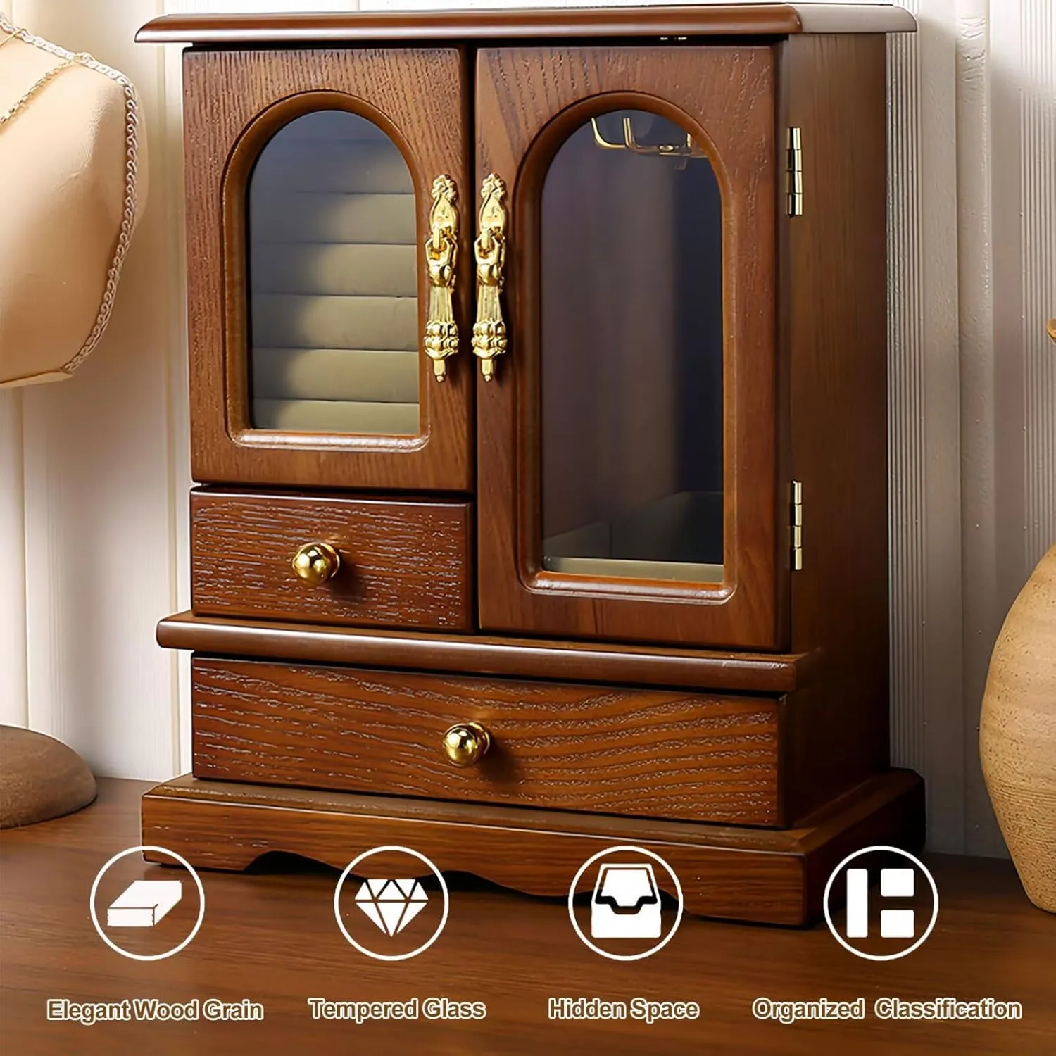 Black Walnut Wooden Jewelry Box with Glass Lid, Brown Retro Jewelry Organizer for Women, Multi-storey Hidden Storage, Large Capacity Necklace Earrings Display Case(C Bronze)