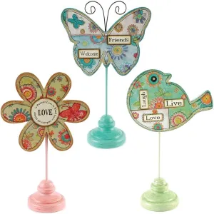 Blossom Bucket 151-71439 Flower/Butterfly/Bird on Base Decorative Item (Set of 3), 8-1/4"
