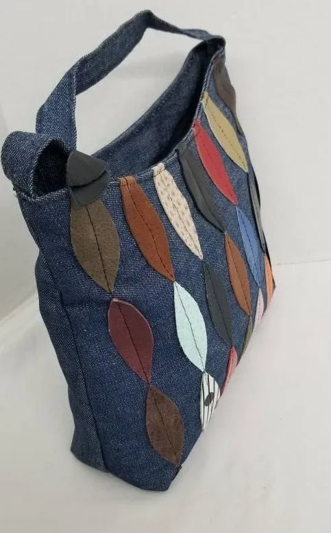Blue Denim Crossbody Handbag for all!Moonbag #Tr306DM,Gift for Mom,her,girls.Denim with multi color Leather design Purses Light weigh.