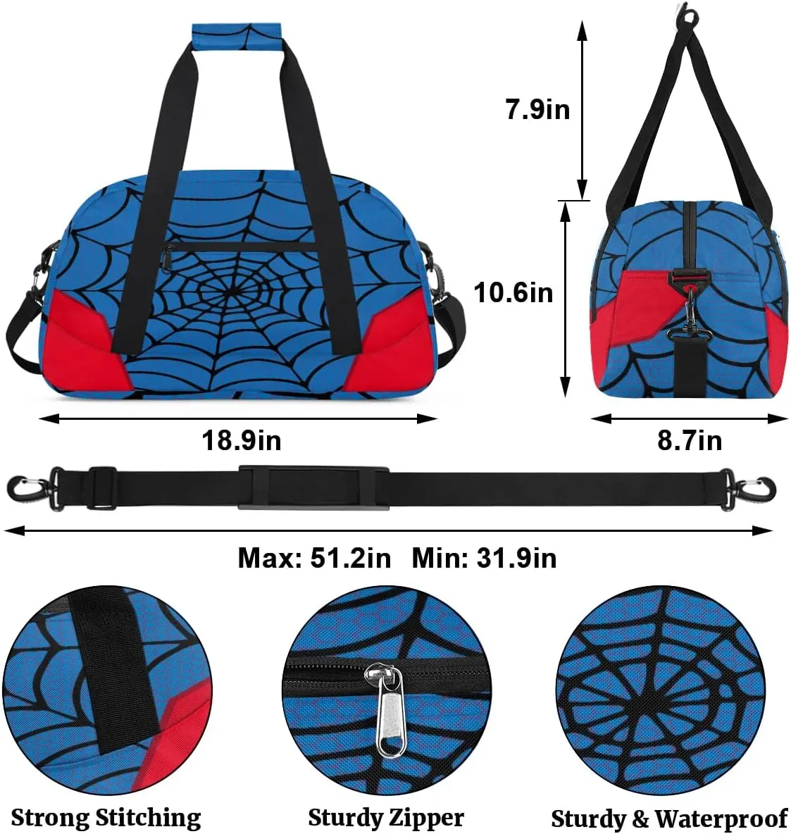 Blue Spider Web Kids Overnighter Duffel Bags for Boys Girls, Carry-On Size Sports Gym Bag for School Practice or Overnight Travel Weekender Sleepover Workout Tote Bag