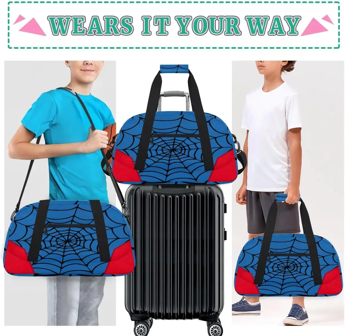 Blue Spider Web Kids Overnighter Duffel Bags for Boys Girls, Carry-On Size Sports Gym Bag for School Practice or Overnight Travel Weekender Sleepover Workout Tote Bag
