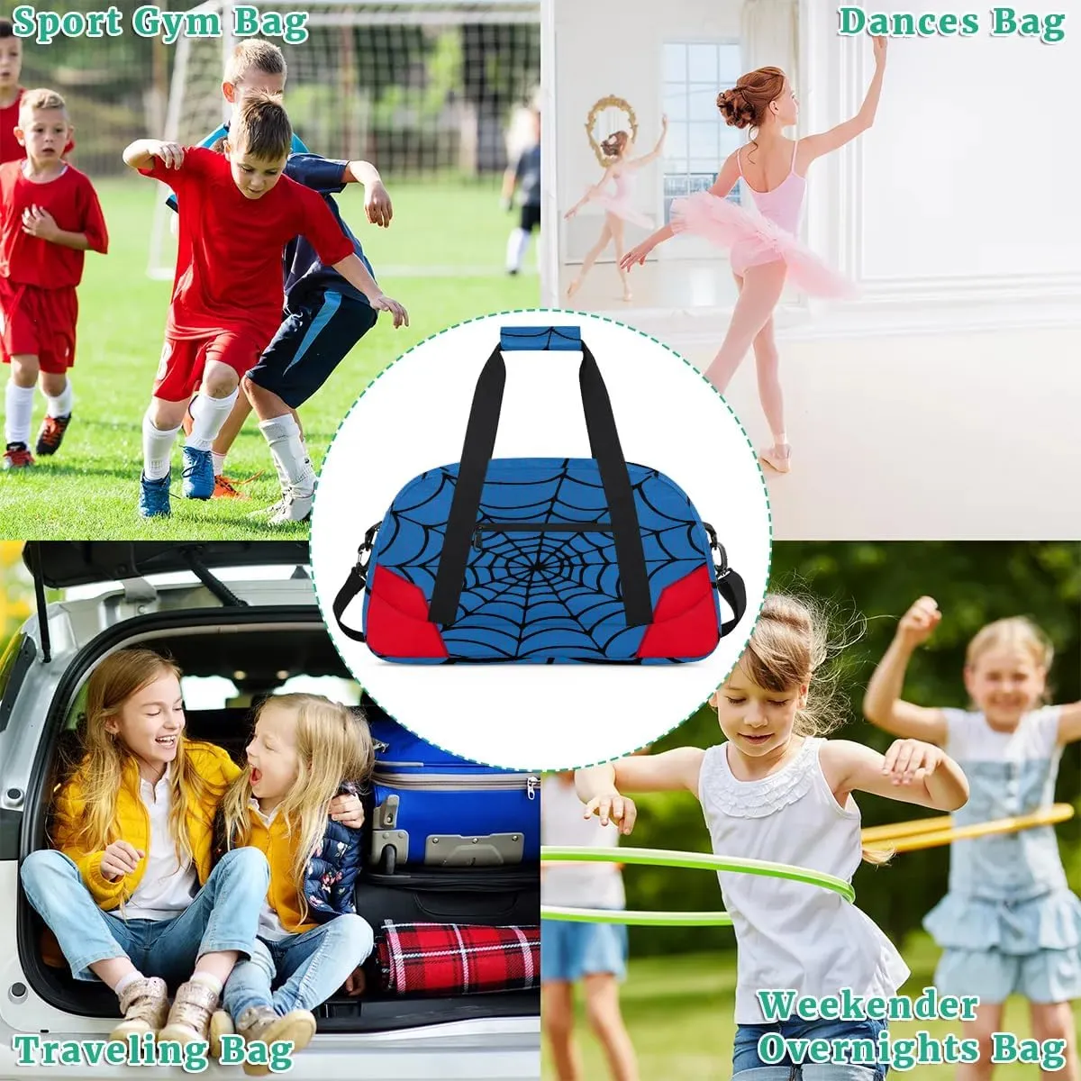 Blue Spider Web Kids Overnighter Duffel Bags for Boys Girls, Carry-On Size Sports Gym Bag for School Practice or Overnight Travel Weekender Sleepover Workout Tote Bag