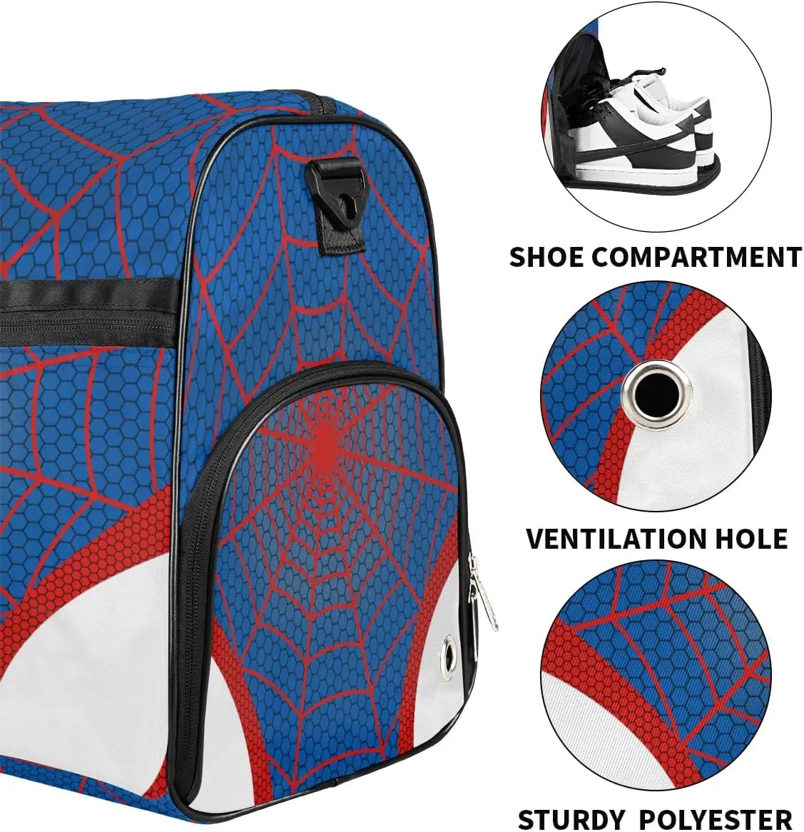 Blue Spider Web Overnighter Duffel Bags for Boys Men, Carry-On Size Sports Gym Bag with Shoe Compartments for School Practice or Overnight Travel Weekender Sleepover Tote Bag