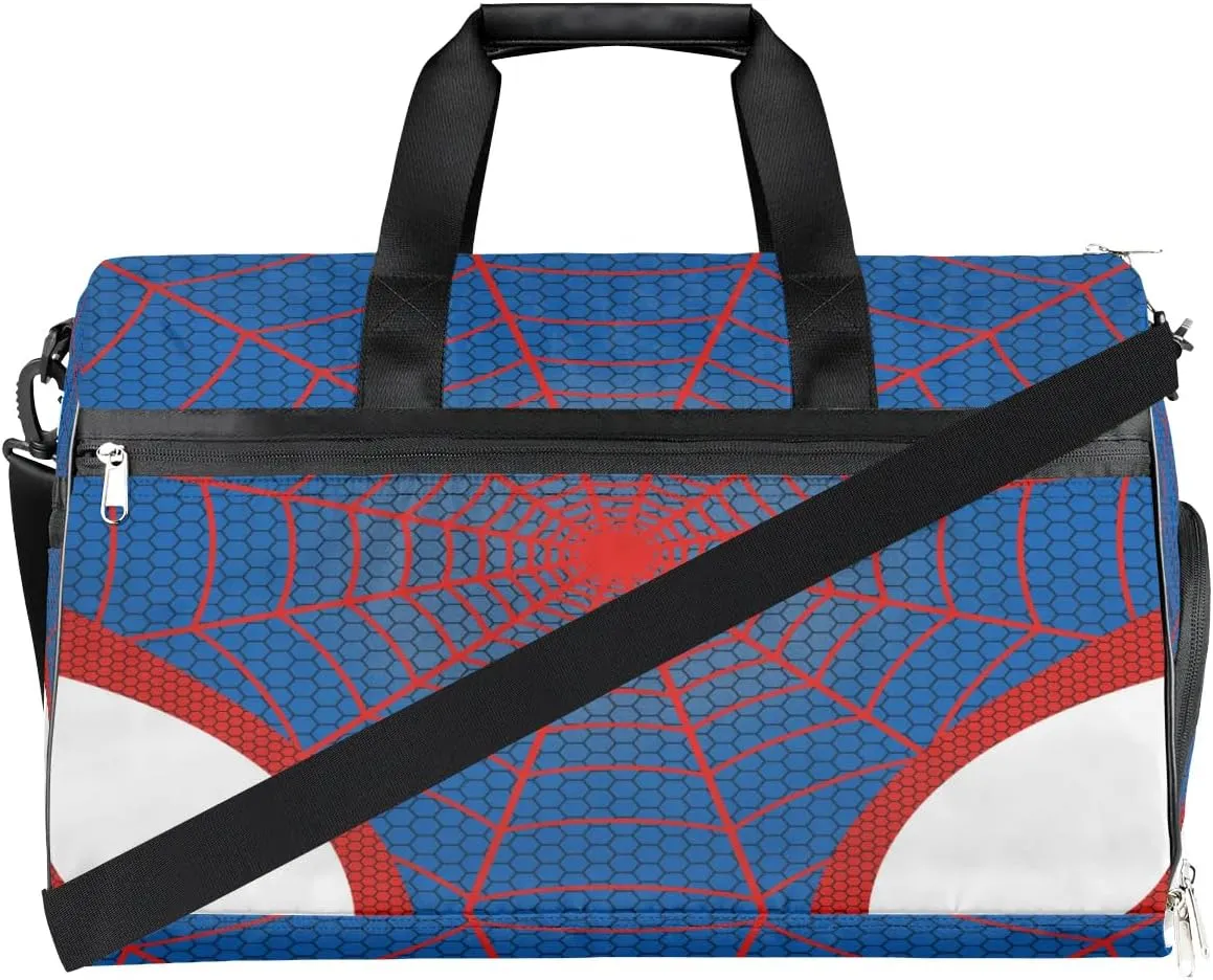 Blue Spider Web Overnighter Duffel Bags for Boys Men, Carry-On Size Sports Gym Bag with Shoe Compartments for School Practice or Overnight Travel Weekender Sleepover Tote Bag