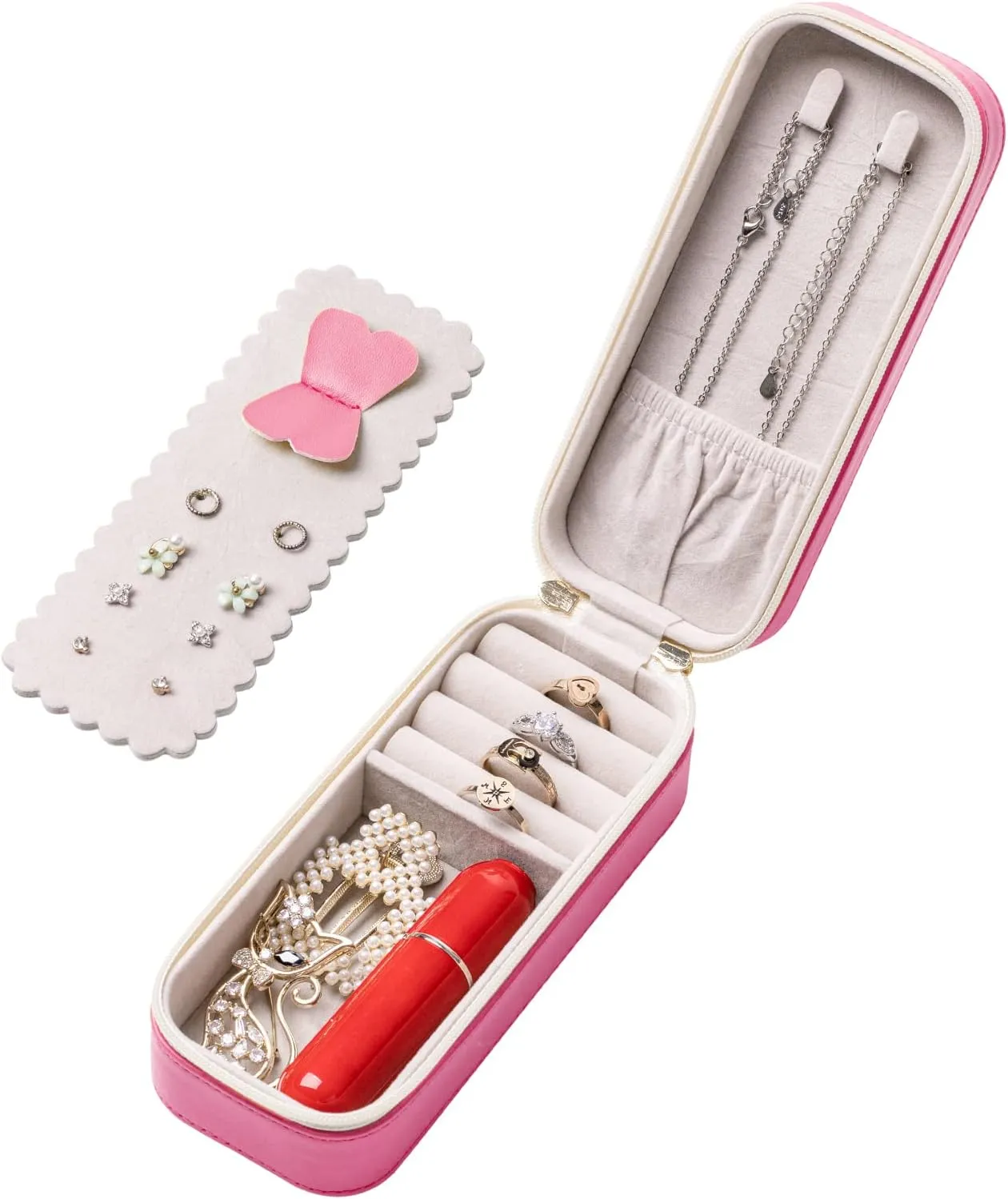 BONNY DODO Small Travel Jewelry Organizers Box for Women with PU Leather Portable Mini Jewelry Case with Compartments for Necklace Rings Earrings,Luxury Giftable Boxes (Pink, S)