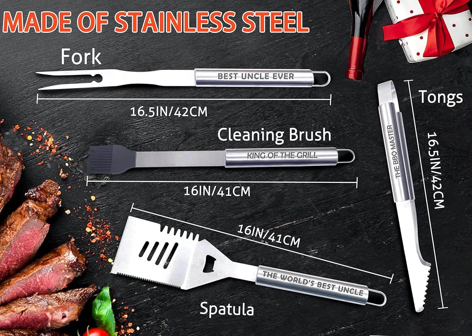 Bonsai Tree Uncle Gifts for Fathers Day, Uncle Gifts from Niece, Best Uncle Ever Present for Fathers Day - Cool Grilling BBQ Present from Nephew - Barbecue Stainless Steel Heavy Duty Set 4