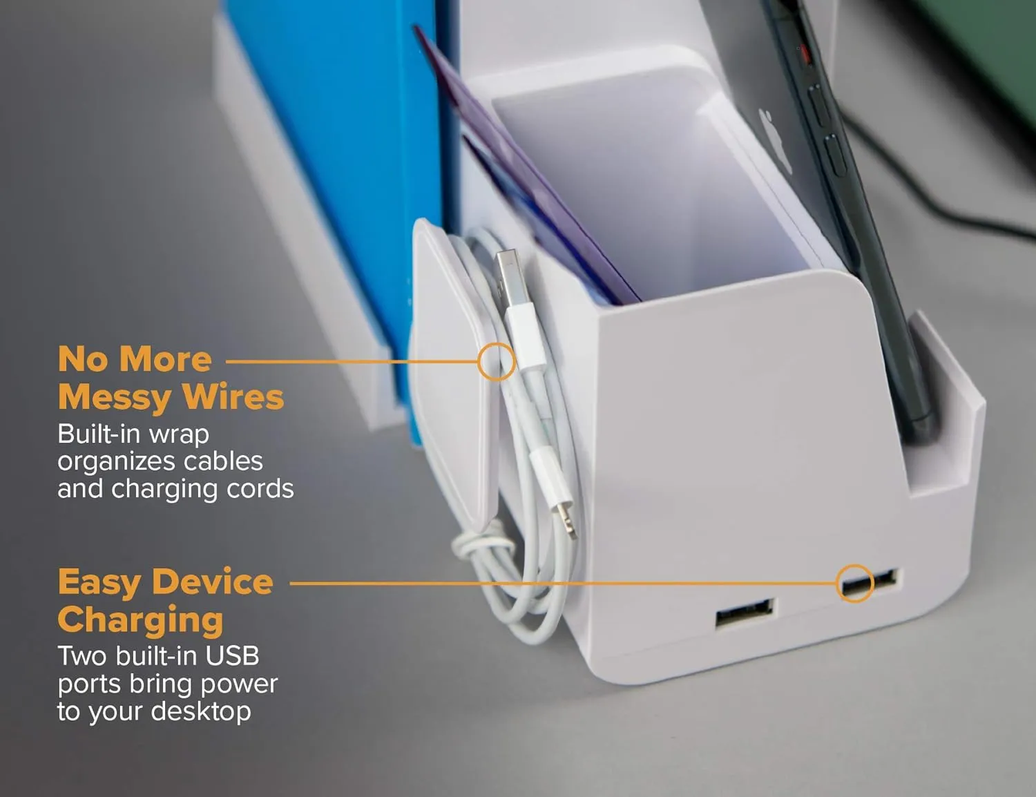 Bostitch Office Konnect Desk Organizer and Charging Station, 2 USB Ports, 2 Plugs, Charges Phones Tablets, Pencil Cup, 4-Piece Design, White