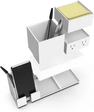 Bostitch Office Konnect Desk Organizer and Charging Station, 2 USB Ports, 2 Plugs, Charges Phones Tablets, Pencil Cup, 4-Piece Design, White