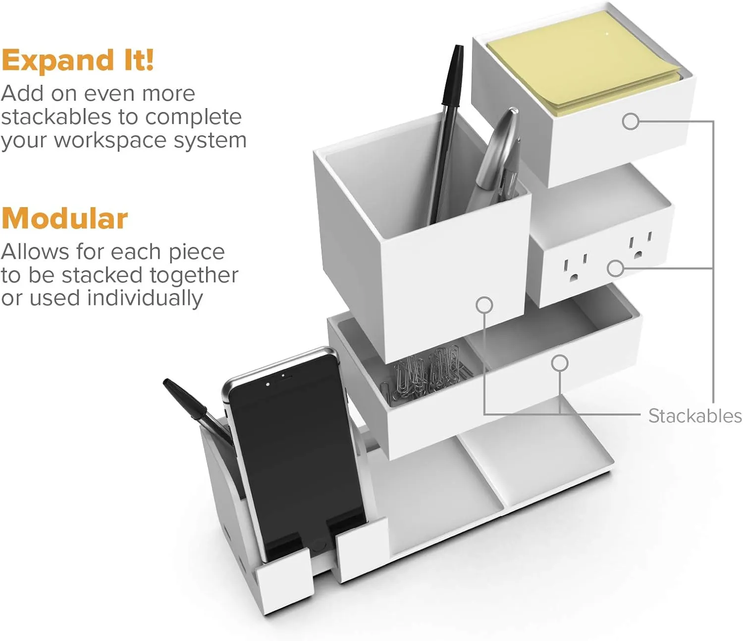 Bostitch Office Konnect Desk Organizer and Charging Station, 2 USB Ports, 2 Plugs, Charges Phones Tablets, Pencil Cup, 4-Piece Design, White