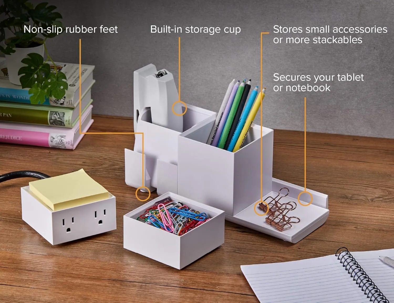 Bostitch Office Konnect Desk Organizer and Charging Station, 2 USB Ports, 2 Plugs, Charges Phones Tablets, Pencil Cup, 4-Piece Design, White