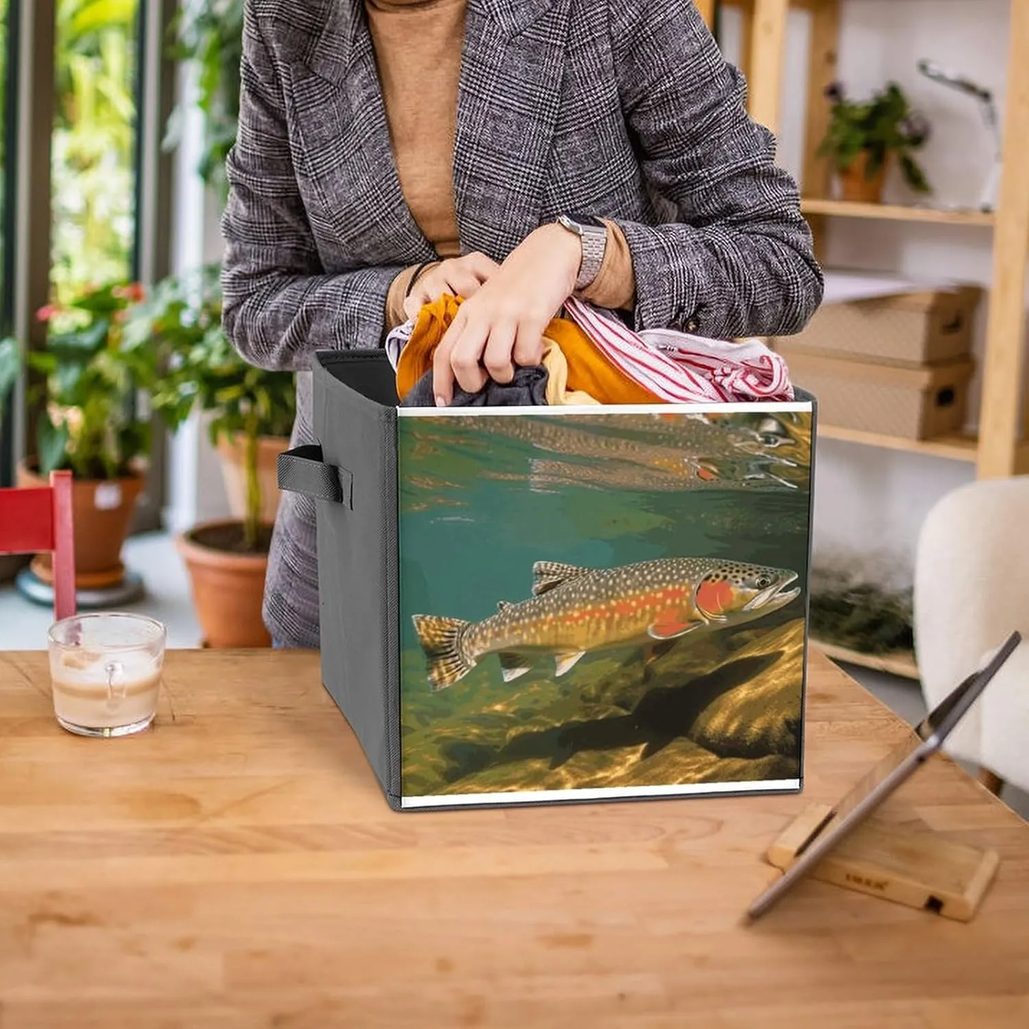 Brook Trout Fly Fishing Storage Bins Collapsible Cube Storage Organizer Bins Closet Storage Boxes Baskets with Leather Handles for Organizing Clothes Sheets Jeans Books