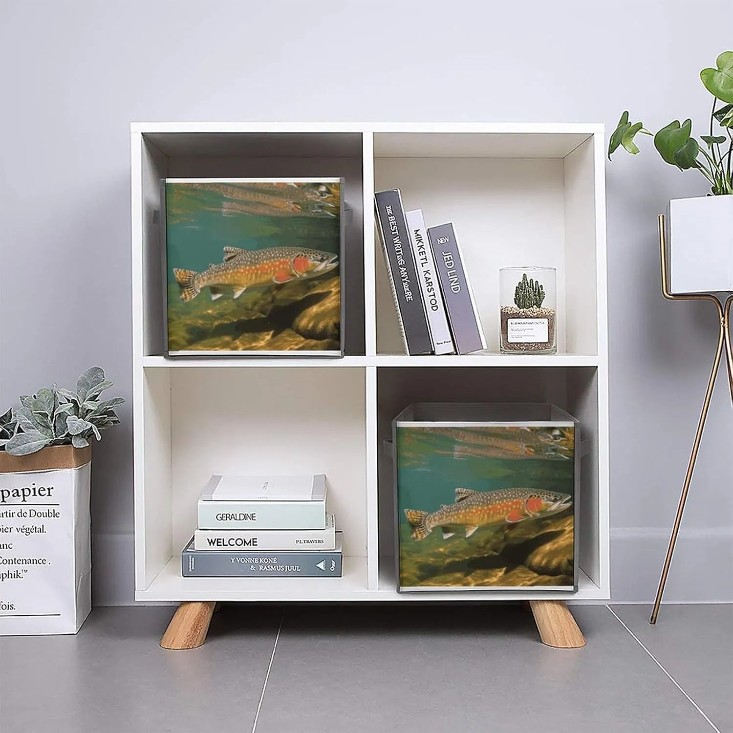 Brook Trout Fly Fishing Storage Bins Collapsible Cube Storage Organizer Bins Closet Storage Boxes Baskets with Leather Handles for Organizing Clothes Sheets Jeans Books