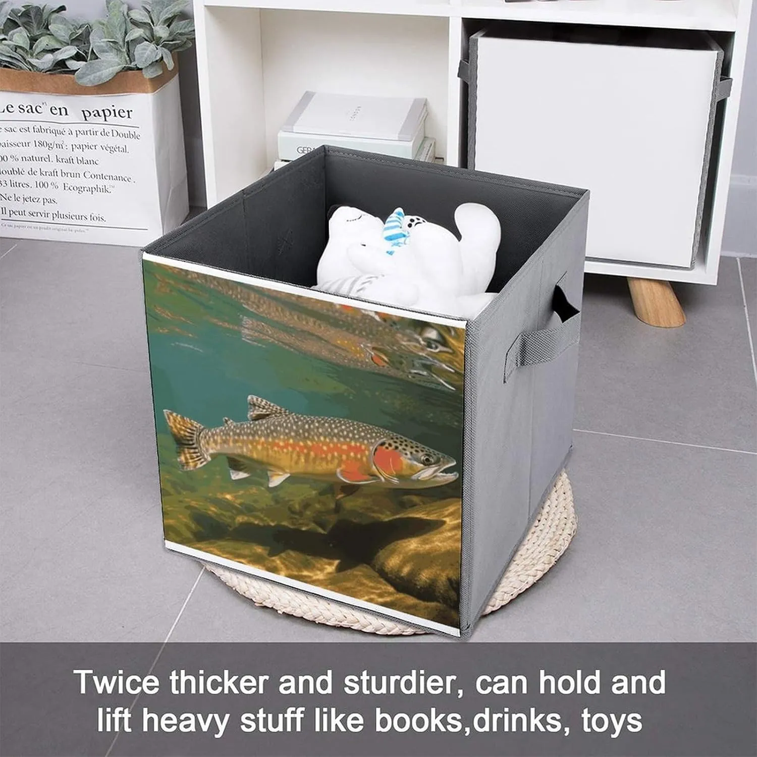 Brook Trout Fly Fishing Storage Bins Collapsible Cube Storage Organizer Bins Closet Storage Boxes Baskets with Leather Handles for Organizing Clothes Sheets Jeans Books