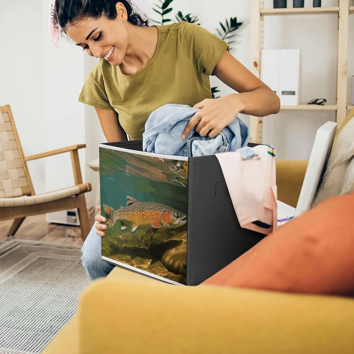 Brook Trout Fly Fishing Storage Bins Collapsible Cube Storage Organizer Bins Closet Storage Boxes Baskets with Leather Handles for Organizing Clothes Sheets Jeans Books