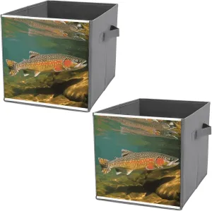 Brook Trout Fly Fishing Storage Bins Collapsible Cube Storage Organizer Bins Closet Storage Boxes Baskets with Leather Handles for Organizing Clothes Sheets Jeans Books