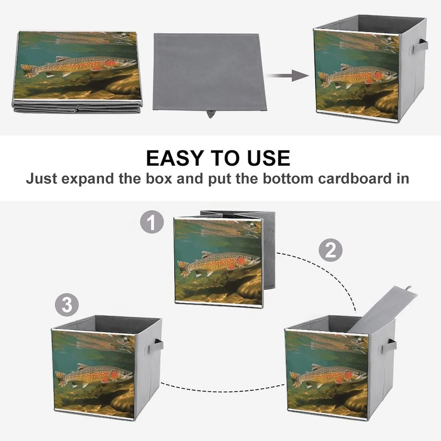 Brook Trout Fly Fishing Storage Bins Collapsible Cube Storage Organizer Bins Closet Storage Boxes Baskets with Leather Handles for Organizing Clothes Sheets Jeans Books
