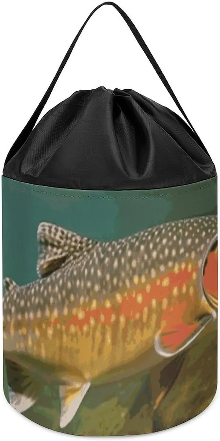 Brook Trout Fly Fishing Toy Storage Basket Reusable Drawstring Toy Bucket Bags Toy Hamper Round Toys Clothes Storage Basket for Playroom