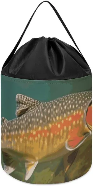 Brook Trout Fly Fishing Toy Storage Basket Reusable Drawstring Toy Bucket Bags Toy Hamper Round Toys Clothes Storage Basket for Playroom
