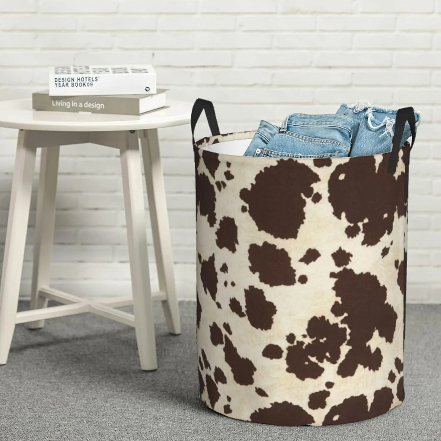 Brown Cowhide Print Round Dirty Clothes Basket,Suitable For Storing Clothes, Books, Etc