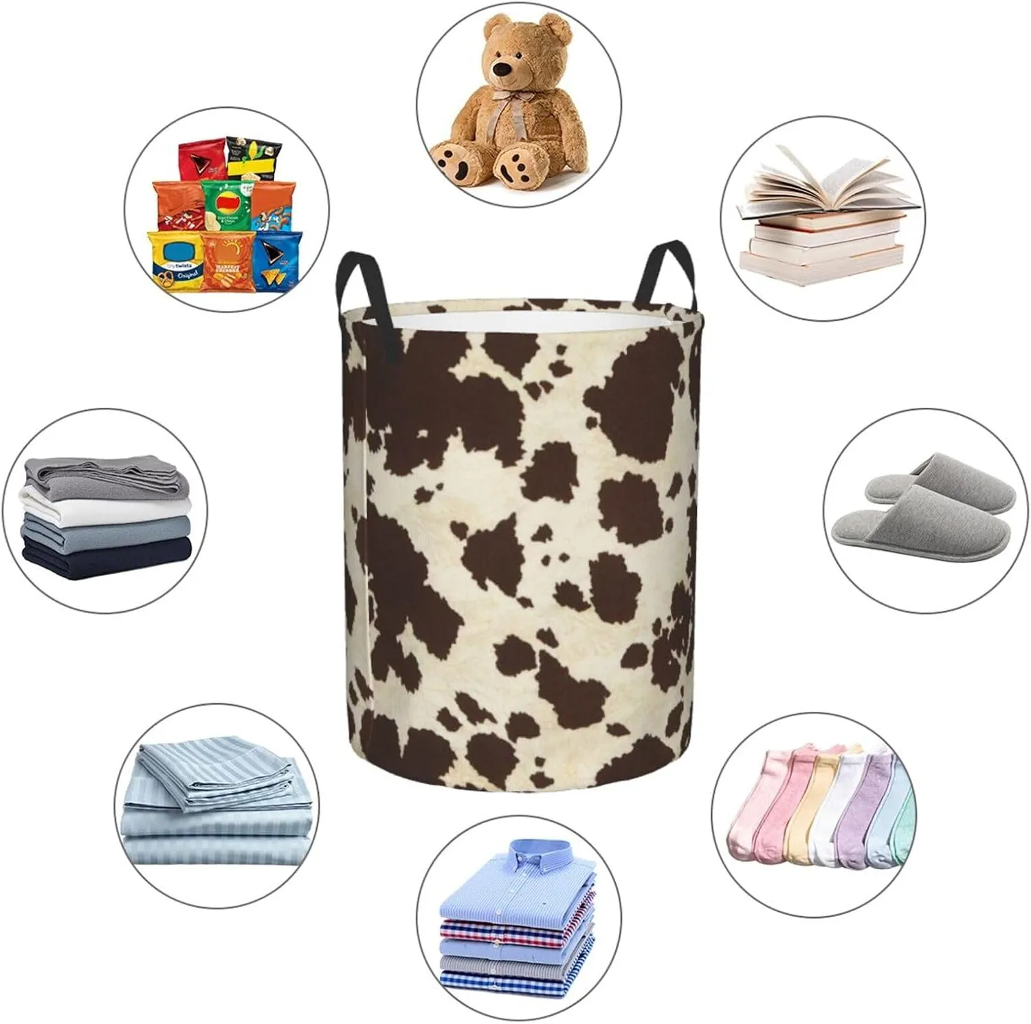 Brown Cowhide Print Round Dirty Clothes Basket,Suitable For Storing Clothes, Books, Etc