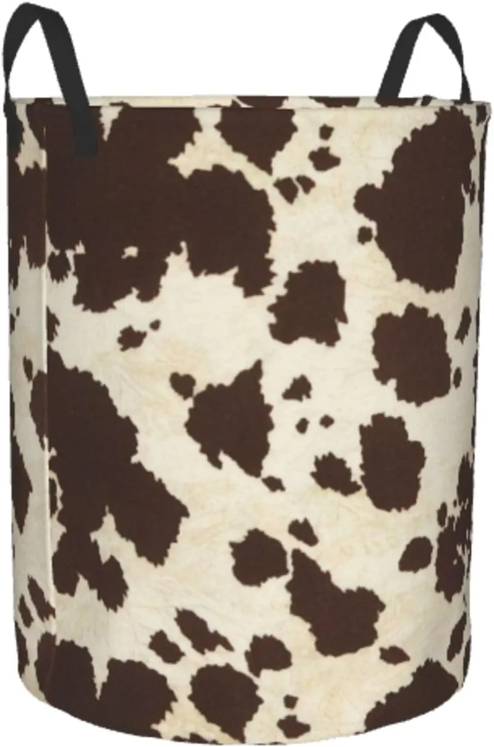 Brown Cowhide Print Round Dirty Clothes Basket,Suitable For Storing Clothes, Books, Etc