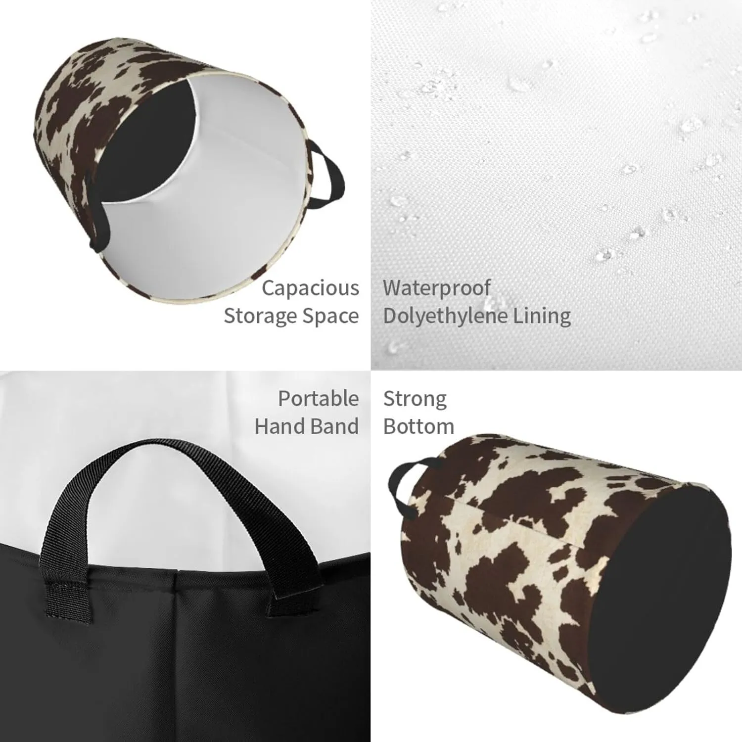 Brown Cowhide Print Round Dirty Clothes Basket,Suitable For Storing Clothes, Books, Etc