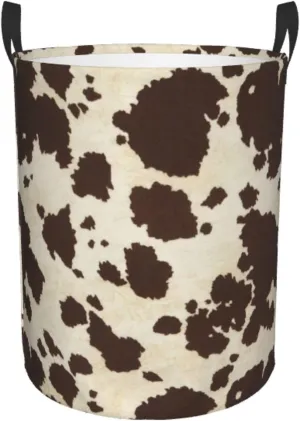 Brown Cowhide Print Round Dirty Clothes Basket,Suitable For Storing Clothes, Books, Etc