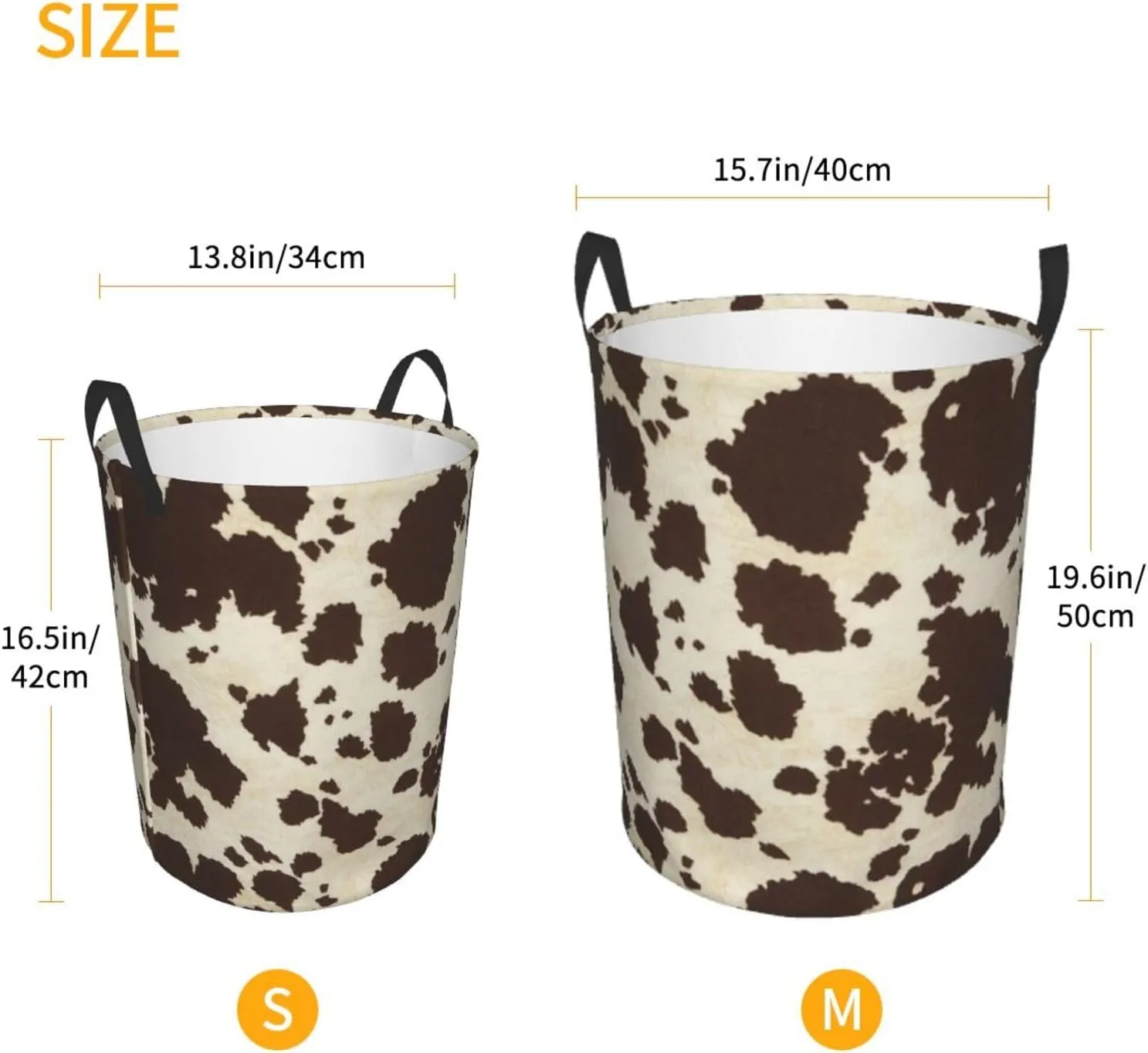 Brown Cowhide Print Round Dirty Clothes Basket,Suitable For Storing Clothes, Books, Etc
