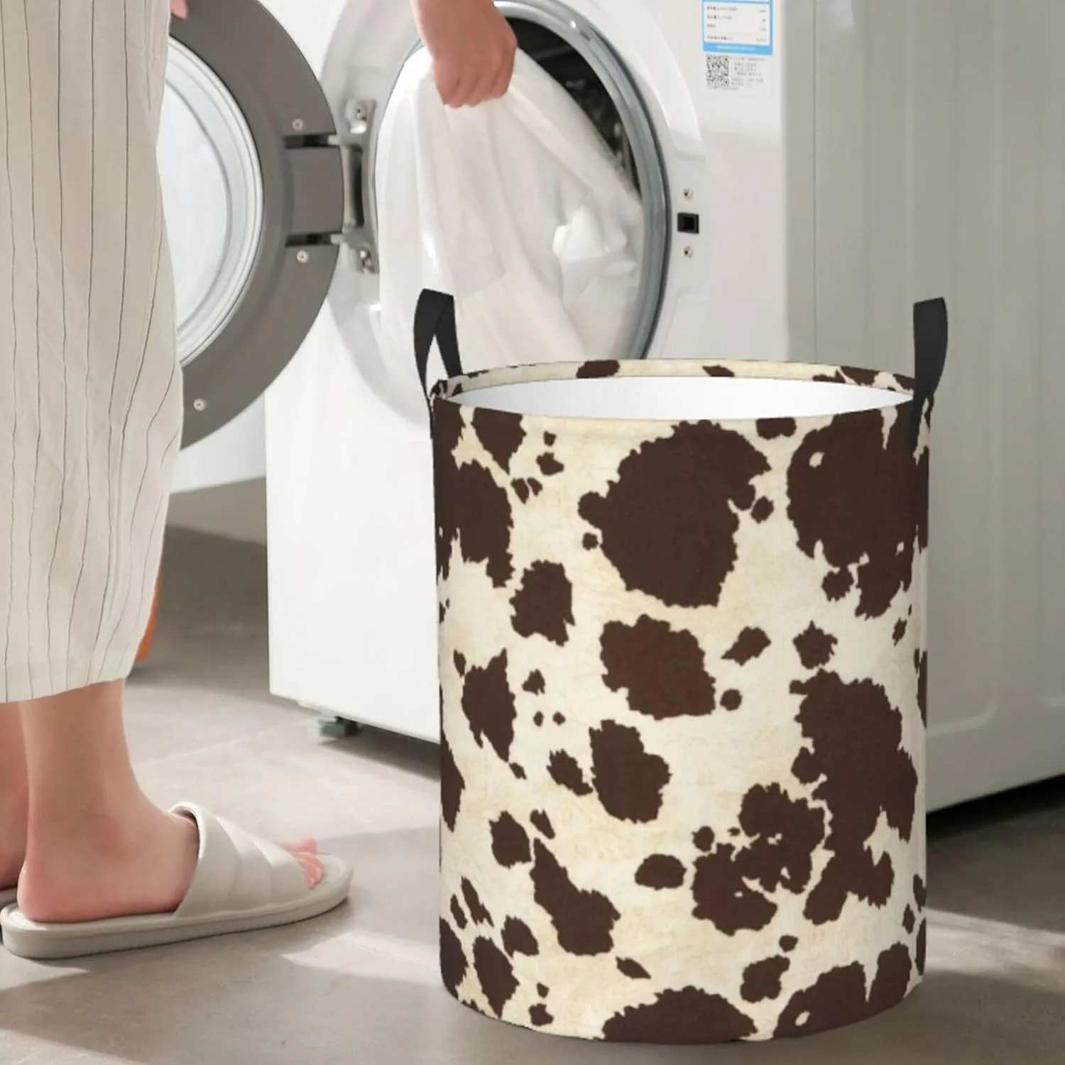 Brown Cowhide Print Round Dirty Clothes Basket,Suitable For Storing Clothes, Books, Etc