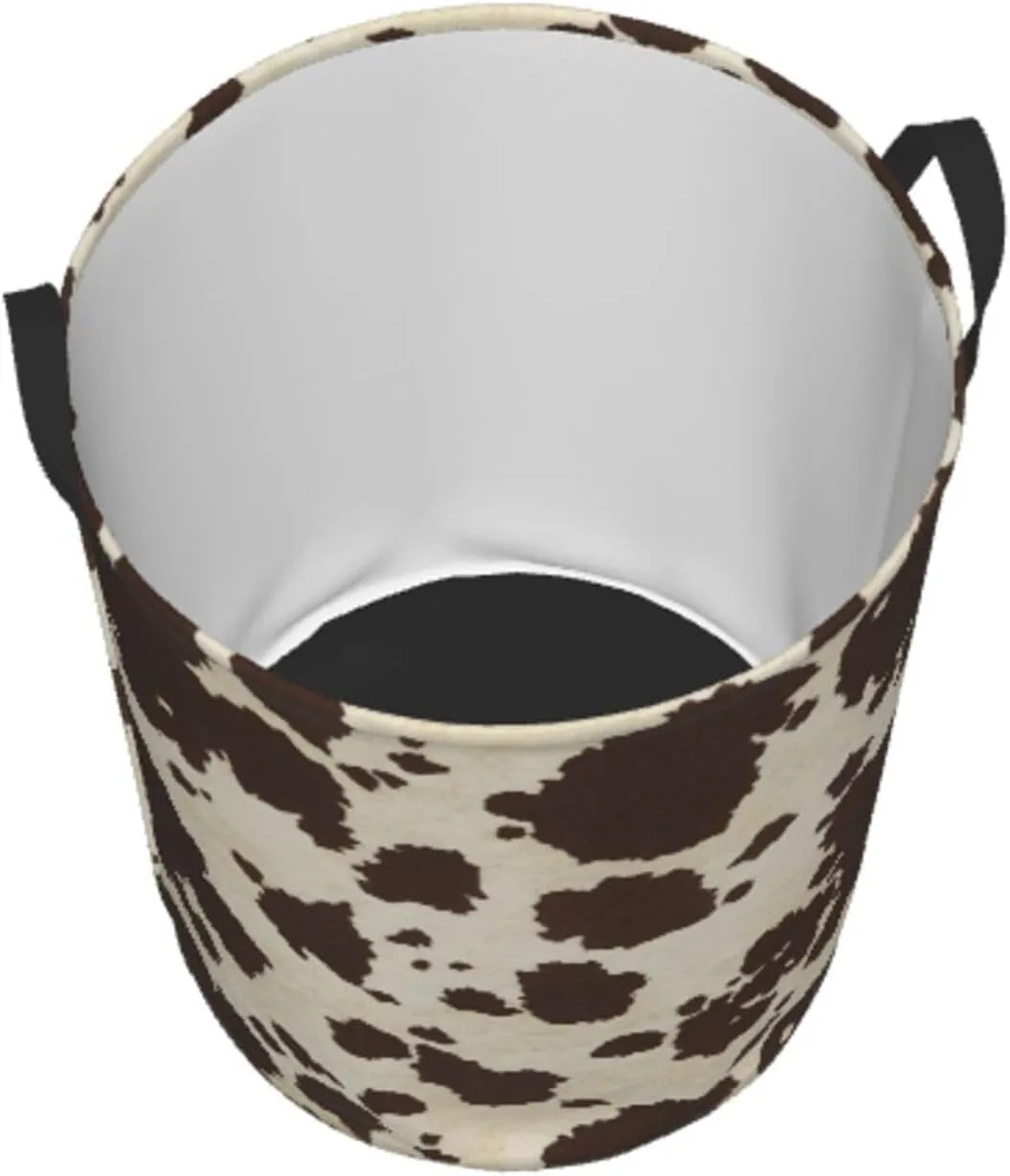 Brown Cowhide Print Round Dirty Clothes Basket,Suitable For Storing Clothes, Books, Etc